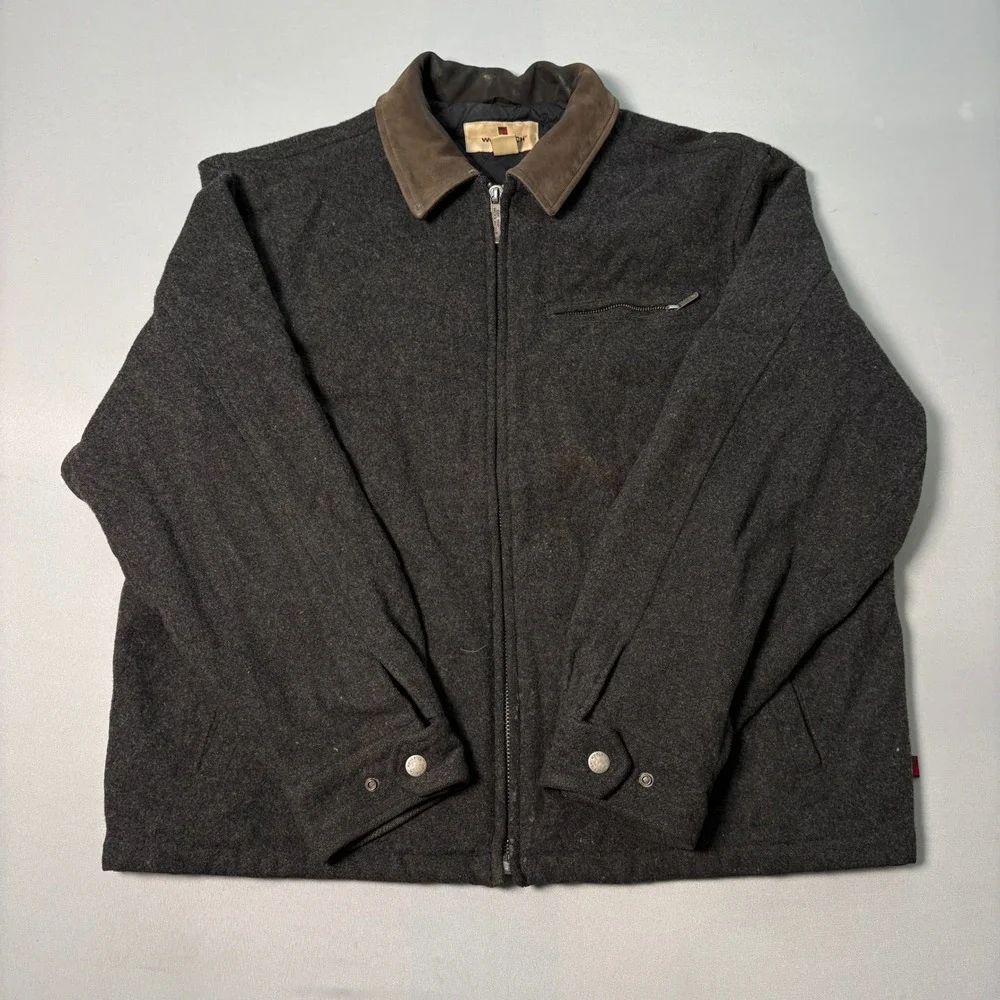 Woolrich Mens XL Gray Wool Blend Full Zip Work Jacket Leather Collar Quilted